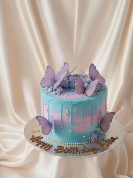 Butterfly Drip Cake with Purple Flowers Celebration Cake